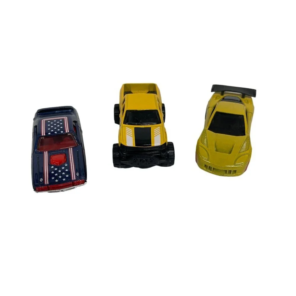 Set Of 3 Die-Cast Toy Cars: Yellow Truck Yellow Sports Car‎ & American Flag Car